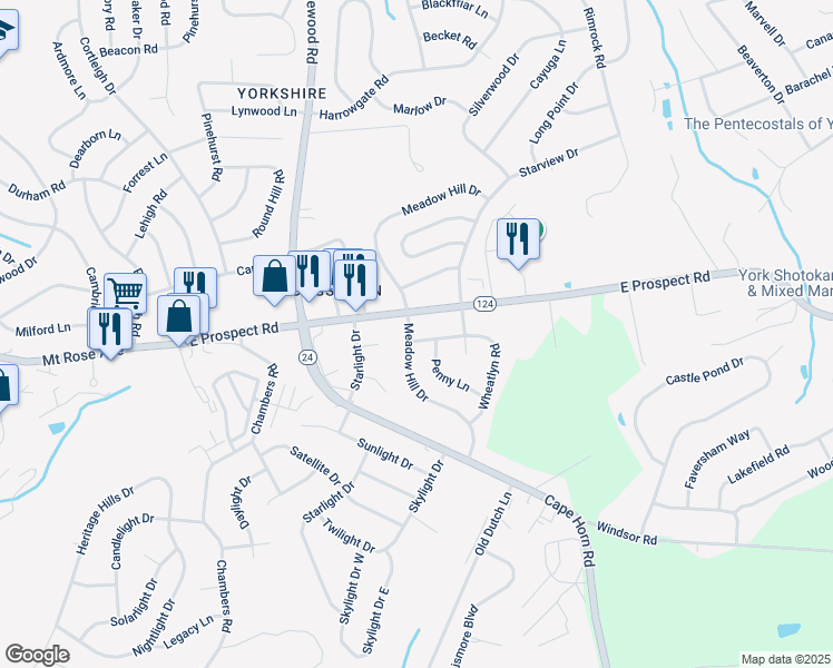 map of restaurants, bars, coffee shops, grocery stores, and more near 3101 Wheatlyn Road in York