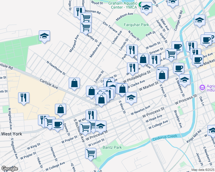 map of restaurants, bars, coffee shops, grocery stores, and more near 621 West Philadelphia Street in York