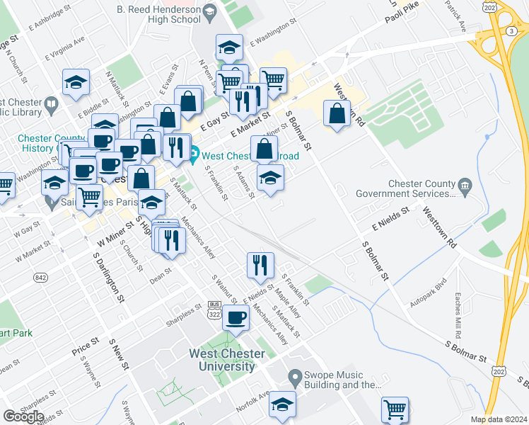 map of restaurants, bars, coffee shops, grocery stores, and more near 327 South Adams Street in West Chester