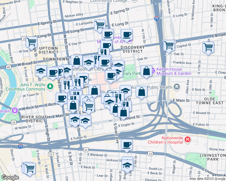 map of restaurants, bars, coffee shops, grocery stores, and more near 333 East Rich Street in Columbus