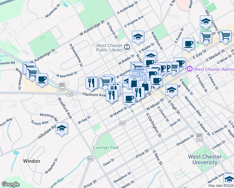 map of restaurants, bars, coffee shops, grocery stores, and more near 321 Hannum Avenue in West Chester