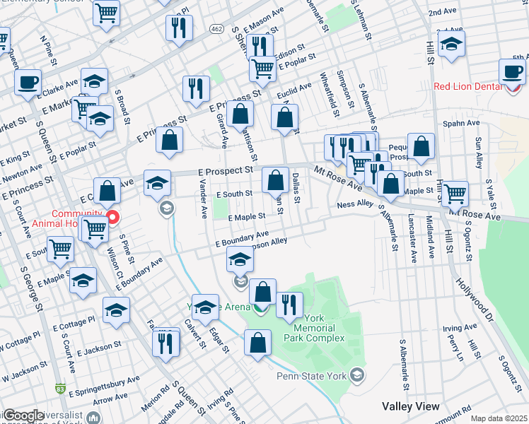 map of restaurants, bars, coffee shops, grocery stores, and more near 807 East Boundary Avenue in York