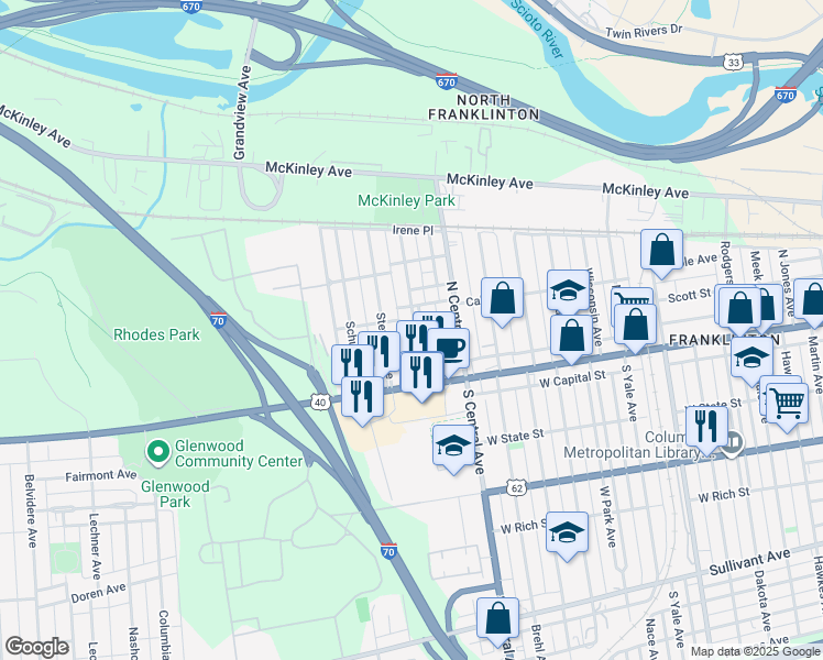 map of restaurants, bars, coffee shops, grocery stores, and more near 49 North Guilford Avenue in Columbus