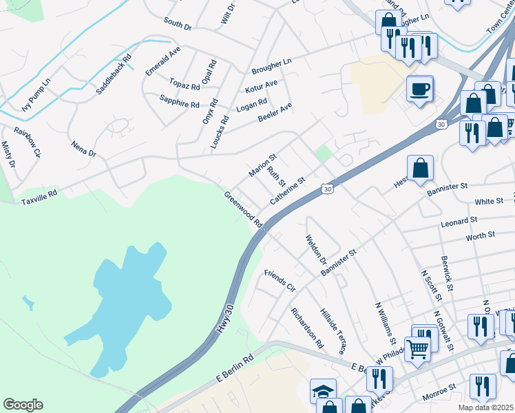 map of restaurants, bars, coffee shops, grocery stores, and more near 1136 Stewart Street in York