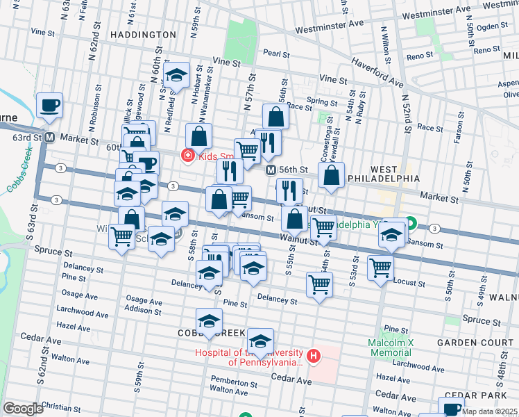 map of restaurants, bars, coffee shops, grocery stores, and more near 5620 Sansom Street in Philadelphia