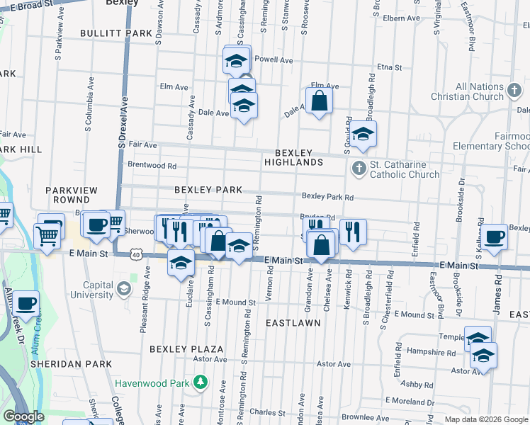 map of restaurants, bars, coffee shops, grocery stores, and more near in Bexley