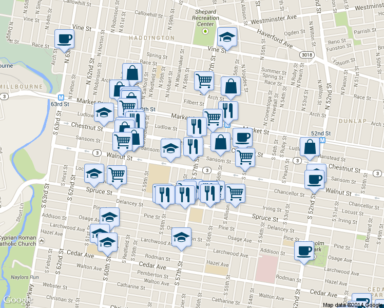 map of restaurants, bars, coffee shops, grocery stores, and more near 119 S Alden St in Philadelphia