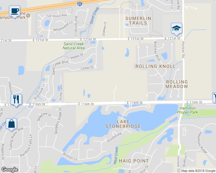 map of restaurants, bars, coffee shops, grocery stores, and more near 10748 East 116th Street in Fishers