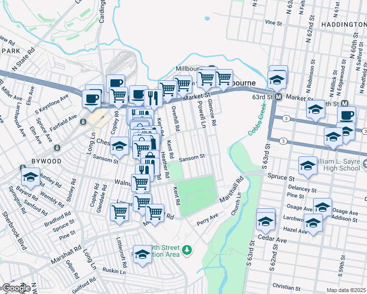 map of restaurants, bars, coffee shops, grocery stores, and more near 120 Overhill Road in Upper Darby