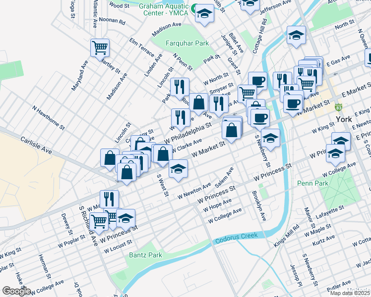 map of restaurants, bars, coffee shops, grocery stores, and more near 484 West Market Street in York