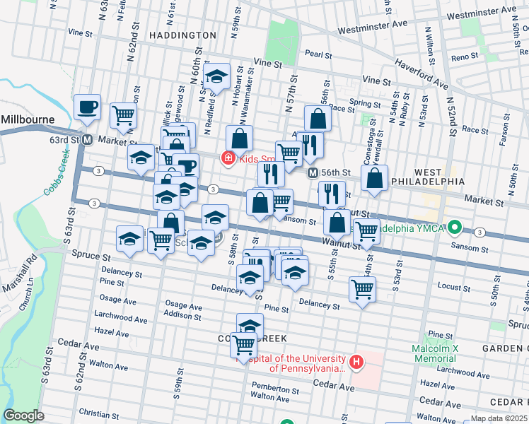 map of restaurants, bars, coffee shops, grocery stores, and more near 119 S Alden St in Philadelphia