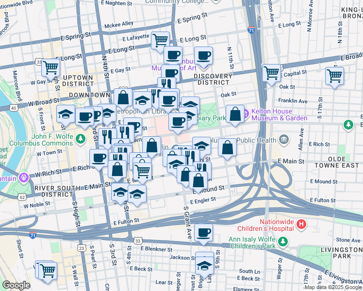 map of restaurants, bars, coffee shops, grocery stores, and more near 196 South Grant Avenue in Columbus