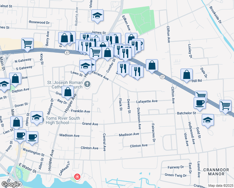 map of restaurants, bars, coffee shops, grocery stores, and more near 314 Franklin Avenue in Toms River