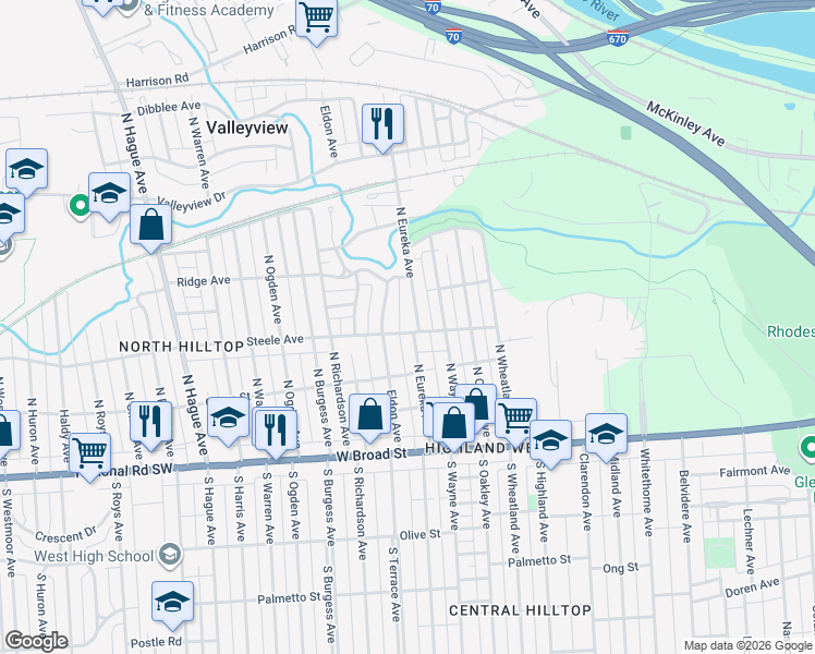 map of restaurants, bars, coffee shops, grocery stores, and more near 148 North Eureka Avenue in Columbus