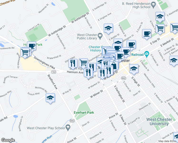 map of restaurants, bars, coffee shops, grocery stores, and more near 341 Hannum Avenue in West Chester