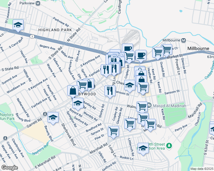 map of restaurants, bars, coffee shops, grocery stores, and more near Connecticut Road in Clifton Heights