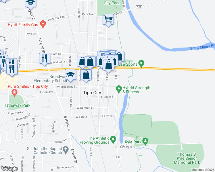 map of restaurants, bars, coffee shops, grocery stores, and more near South 2nd Street in Tipp City