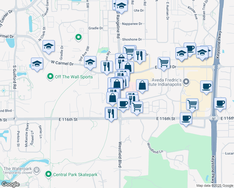 map of restaurants, bars, coffee shops, grocery stores, and more near 1368 South Rangeline Road in Carmel