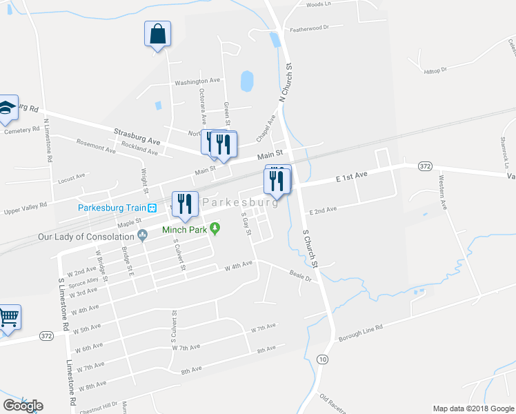 map of restaurants, bars, coffee shops, grocery stores, and more near 132 McGuigan Way in Parkesburg