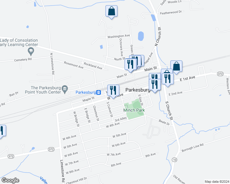 map of restaurants, bars, coffee shops, grocery stores, and more near 418 Maple Street in Parkesburg