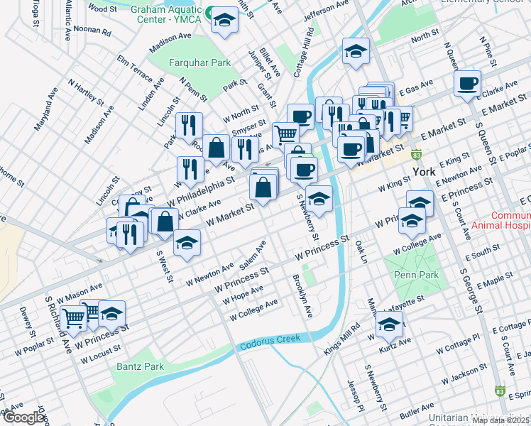 map of restaurants, bars, coffee shops, grocery stores, and more near in York