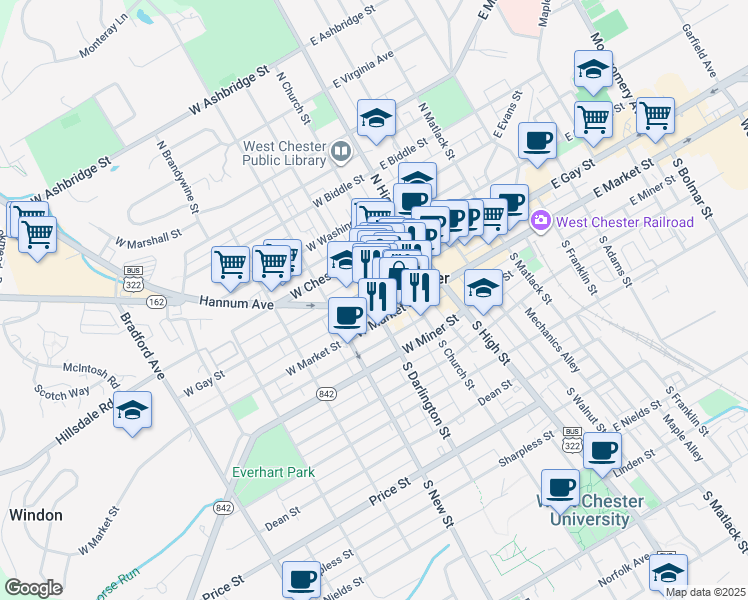 map of restaurants, bars, coffee shops, grocery stores, and more near 214 Market Street in West Chester