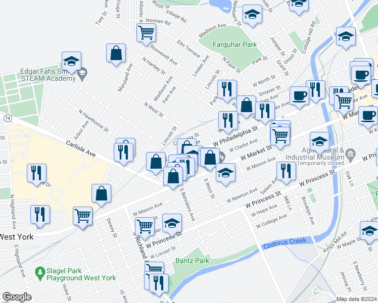 map of restaurants, bars, coffee shops, grocery stores, and more near 611 West Philadelphia Street in York