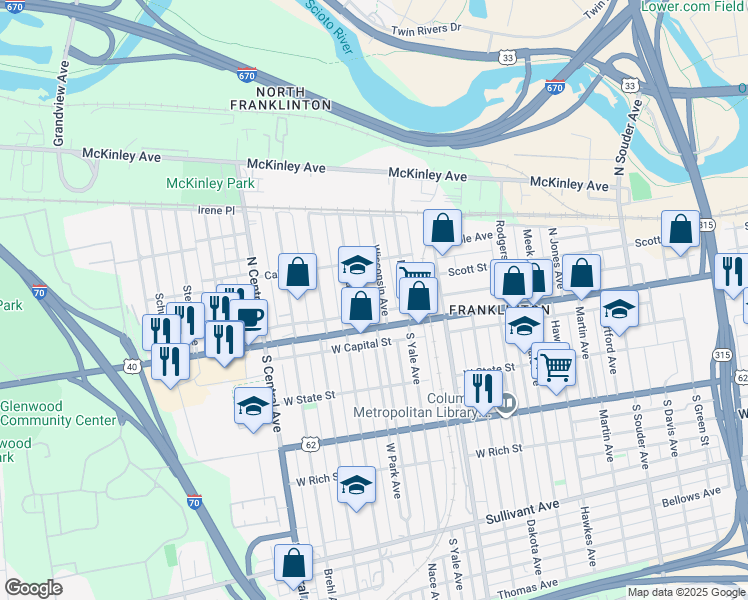 map of restaurants, bars, coffee shops, grocery stores, and more near in Columbus