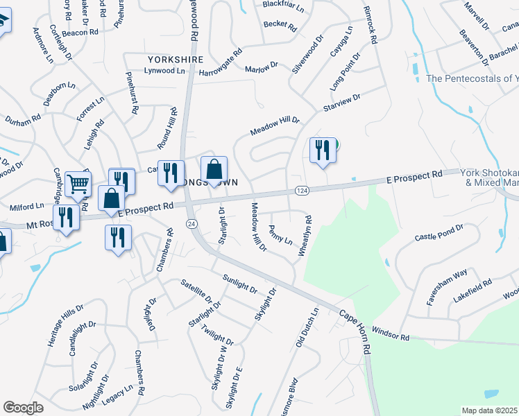 map of restaurants, bars, coffee shops, grocery stores, and more near 3101 Wheatlyn Road in York