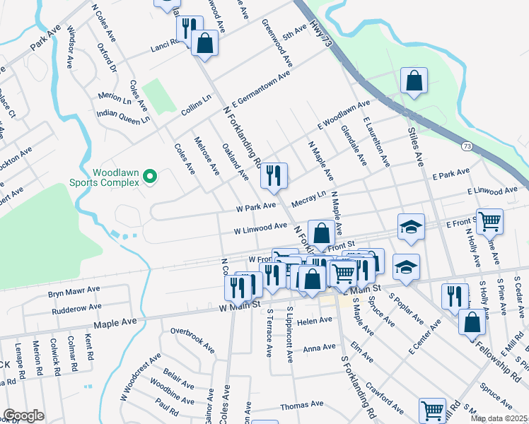 map of restaurants, bars, coffee shops, grocery stores, and more near 35 West Linwood Avenue in Maple Shade