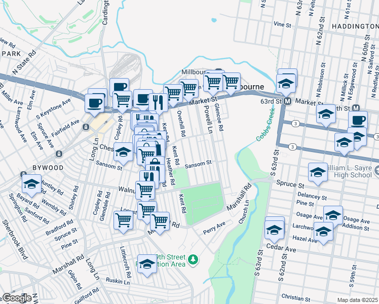 map of restaurants, bars, coffee shops, grocery stores, and more near 120 Overhill Road in Upper Darby