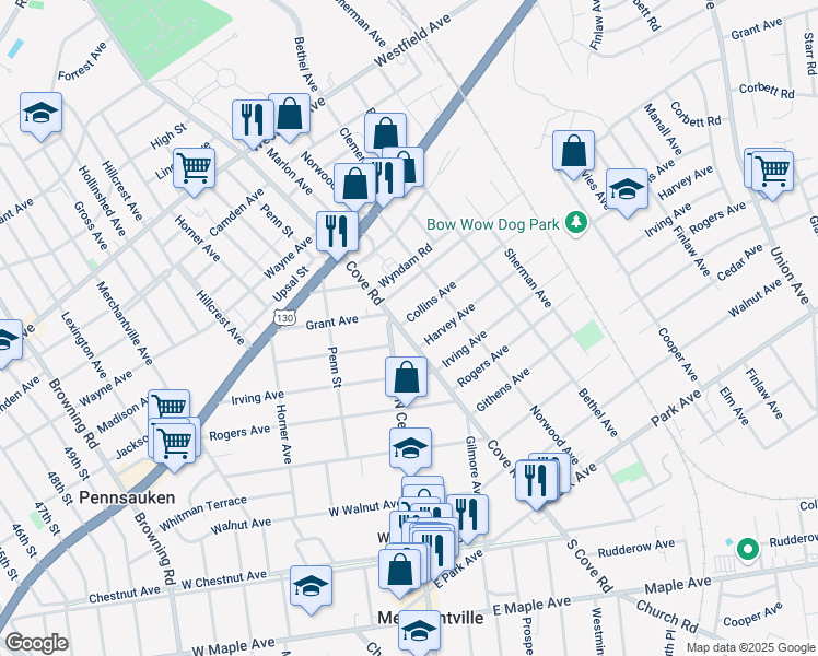 map of restaurants, bars, coffee shops, grocery stores, and more near 2704 Cove Road in Pennsauken Township