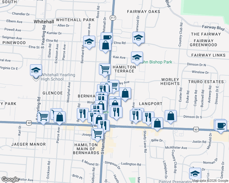 map of restaurants, bars, coffee shops, grocery stores, and more near 850 South Hamilton Road in Whitehall