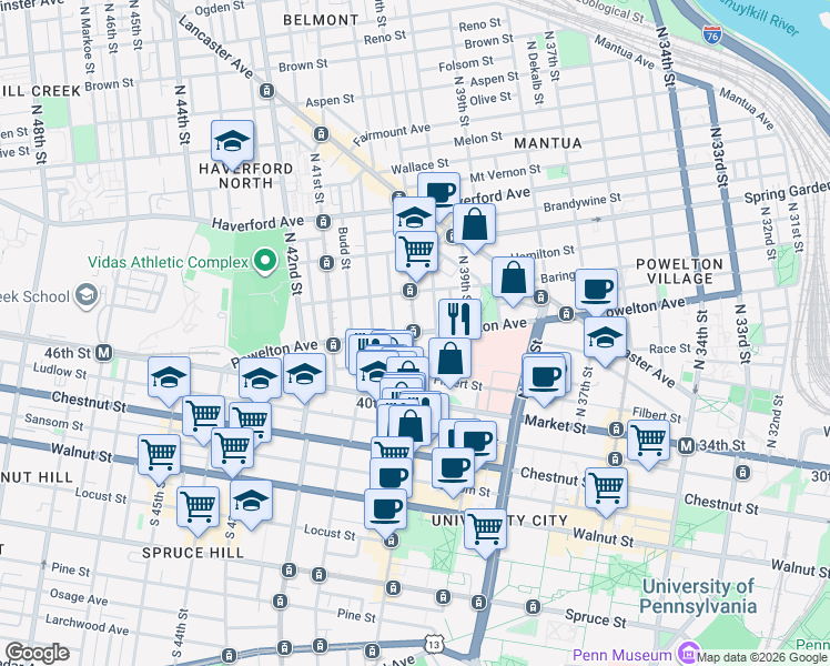 map of restaurants, bars, coffee shops, grocery stores, and more near Powelton Ave & N 40th St in Philadelphia
