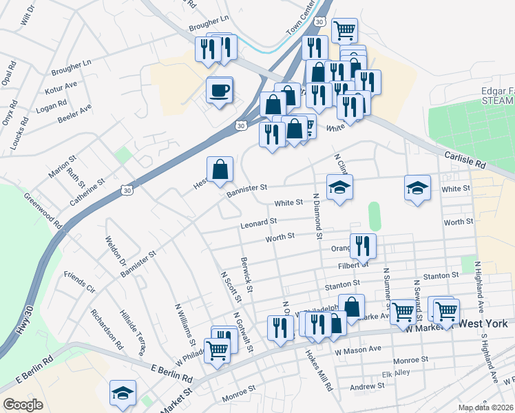 map of restaurants, bars, coffee shops, grocery stores, and more near 2005 Leonard Street in York