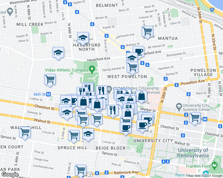 map of restaurants, bars, coffee shops, grocery stores, and more near 307 North 41st Street in Philadelphia