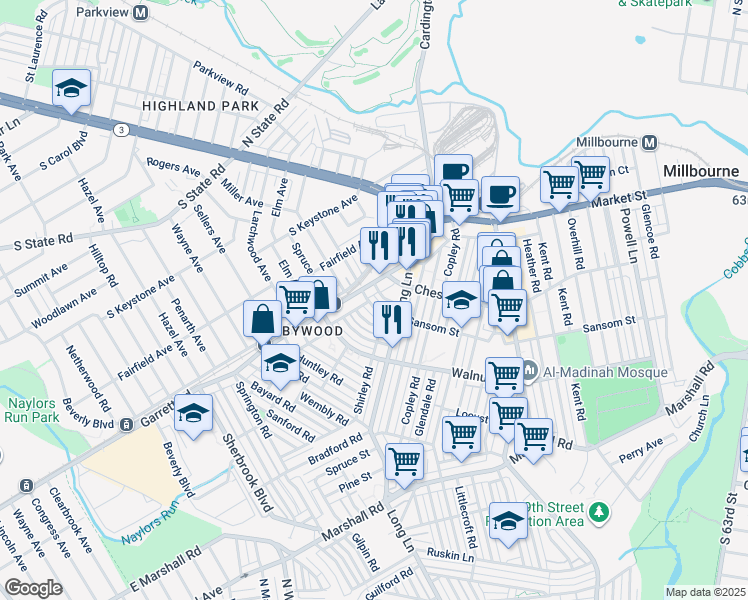 map of restaurants, bars, coffee shops, grocery stores, and more near 7219 Brent Road in Delaware County