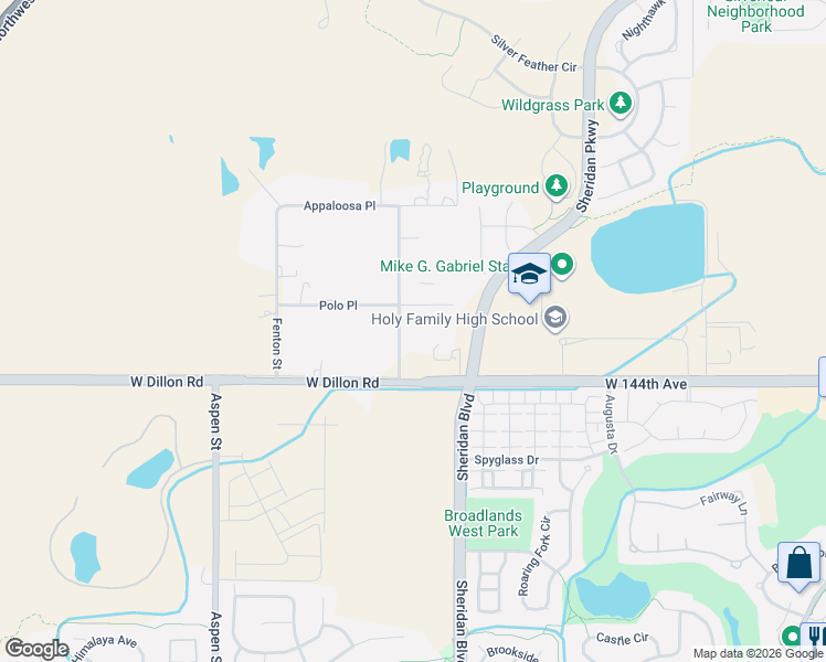 map of restaurants, bars, coffee shops, grocery stores, and more near 14563 Sheridan Boulevard in Broomfield
