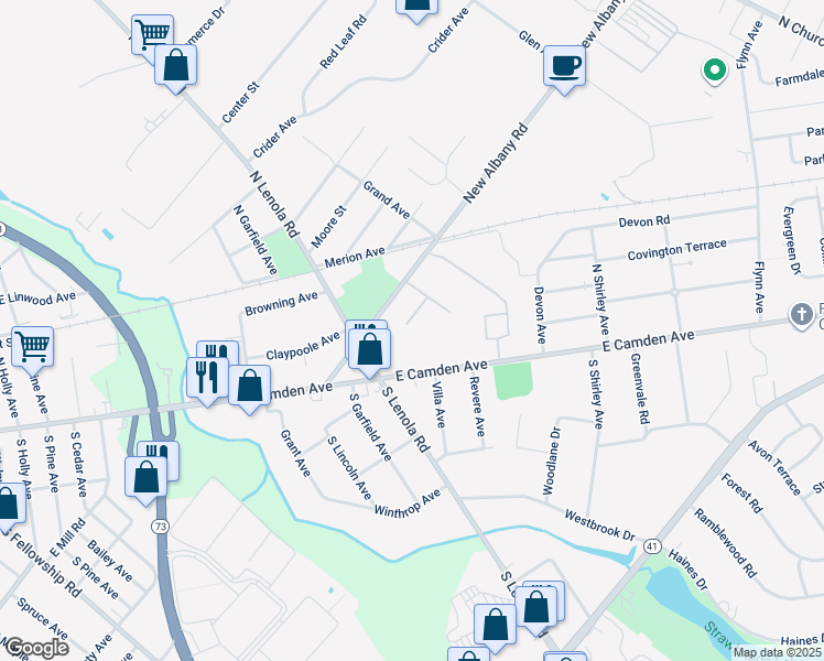 map of restaurants, bars, coffee shops, grocery stores, and more near 105 East Camden Avenue in Moorestown