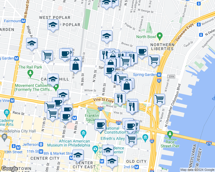 map of restaurants, bars, coffee shops, grocery stores, and more near 598 Willow Street in Philadelphia