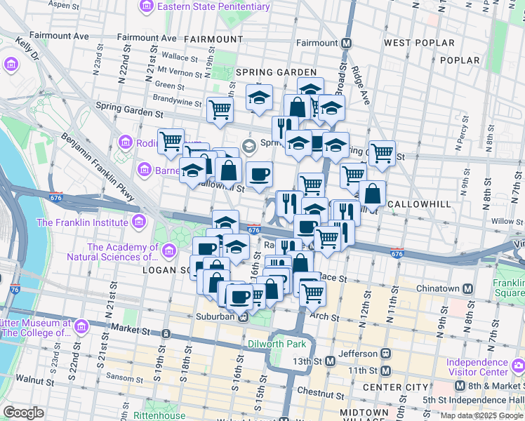 map of restaurants, bars, coffee shops, grocery stores, and more near 1537 Vine Street in Philadelphia