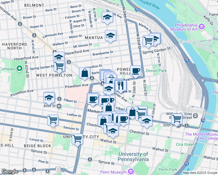 map of restaurants, bars, coffee shops, grocery stores, and more near in Philadelphia