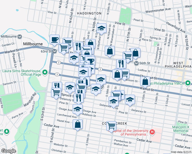 map of restaurants, bars, coffee shops, grocery stores, and more near 5914 Walnut Street in Philadelphia