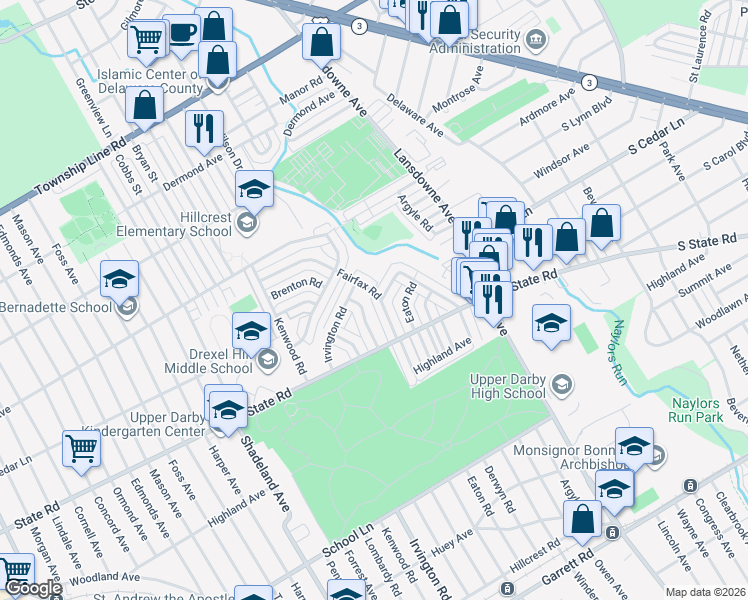 map of restaurants, bars, coffee shops, grocery stores, and more near 826 Fairfax Road in Drexel Hill