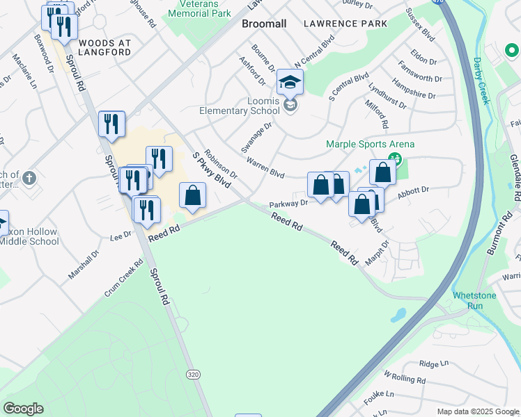 map of restaurants, bars, coffee shops, grocery stores, and more near 562 Reed Road in Broomall