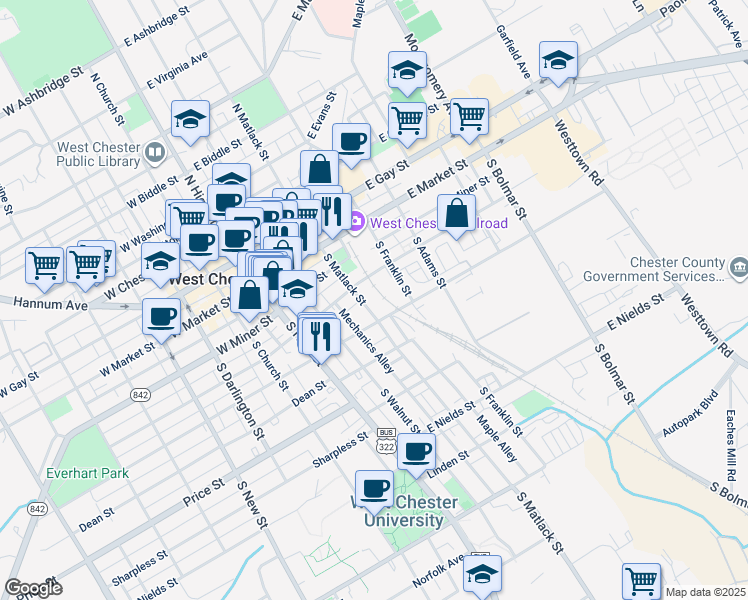 map of restaurants, bars, coffee shops, grocery stores, and more near 225 Mechanics Street in West Chester