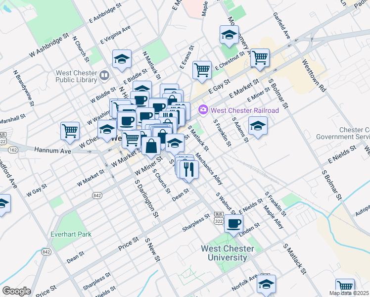 map of restaurants, bars, coffee shops, grocery stores, and more near 206 South Walnut Street in West Chester