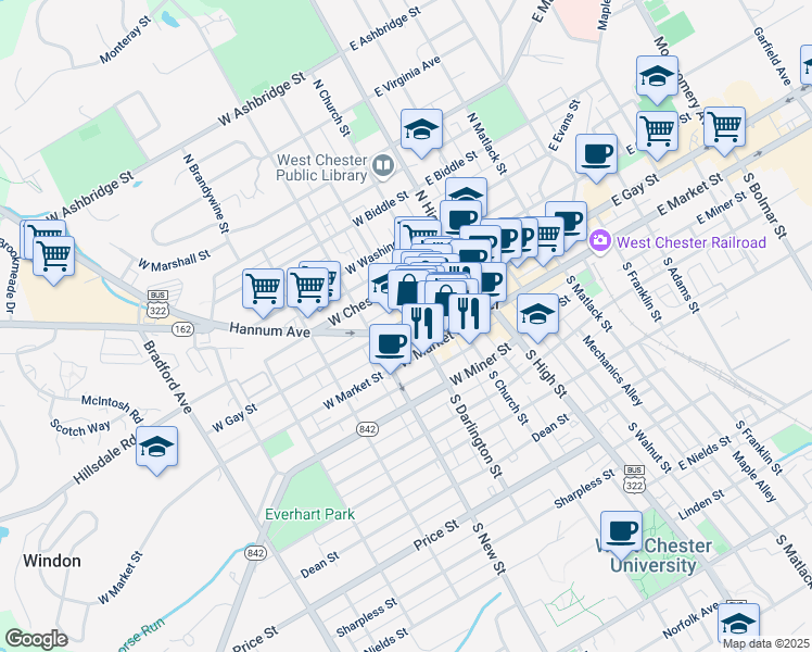 map of restaurants, bars, coffee shops, grocery stores, and more near 214 Market Street in West Chester