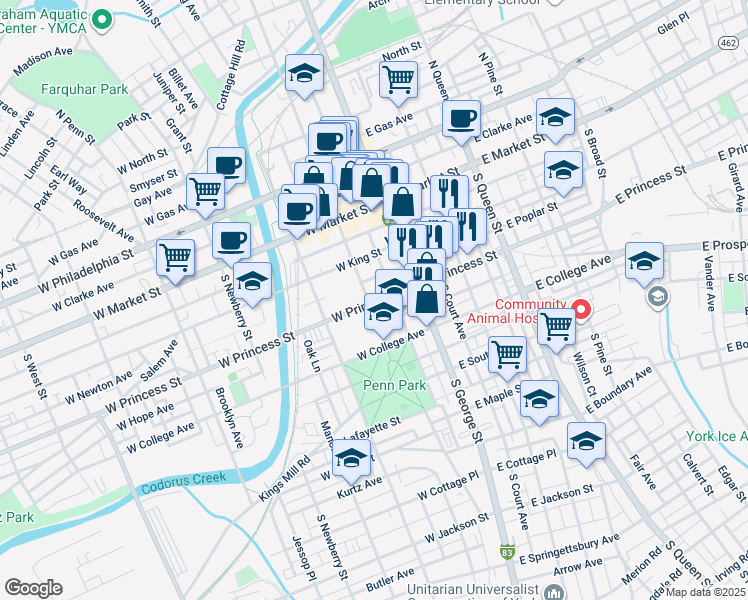 map of restaurants, bars, coffee shops, grocery stores, and more near in York
