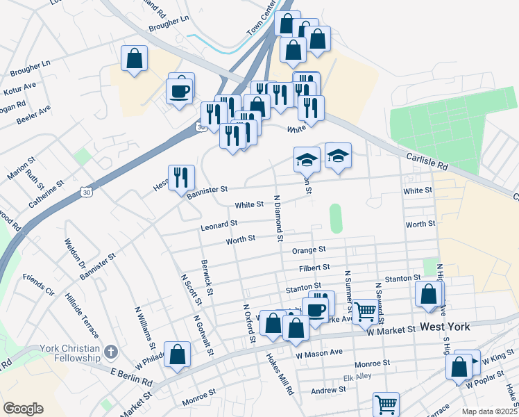 map of restaurants, bars, coffee shops, grocery stores, and more near 1908 Leonard Street in York